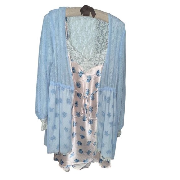 Revolve We are HAH XS Double Set Blue Lace Robe & Floral Slip Reversible NWT 428 - Picture 6 of 12